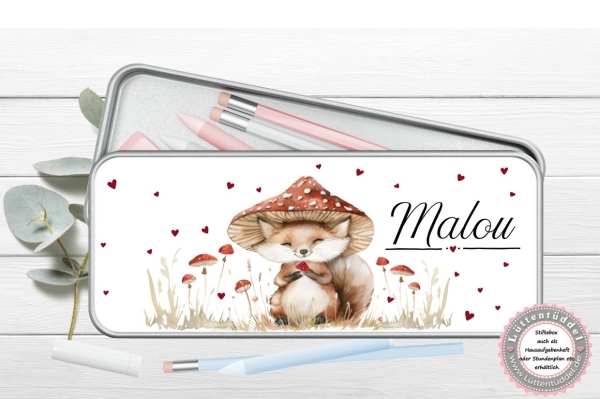 zuckersüße Stiftebox Geschenkdose Metall Fuchs Pilz Name personalisiert zur Einschulung oder nur so für Spickzettel und kleine Briefchen  von Lüttentüddel®